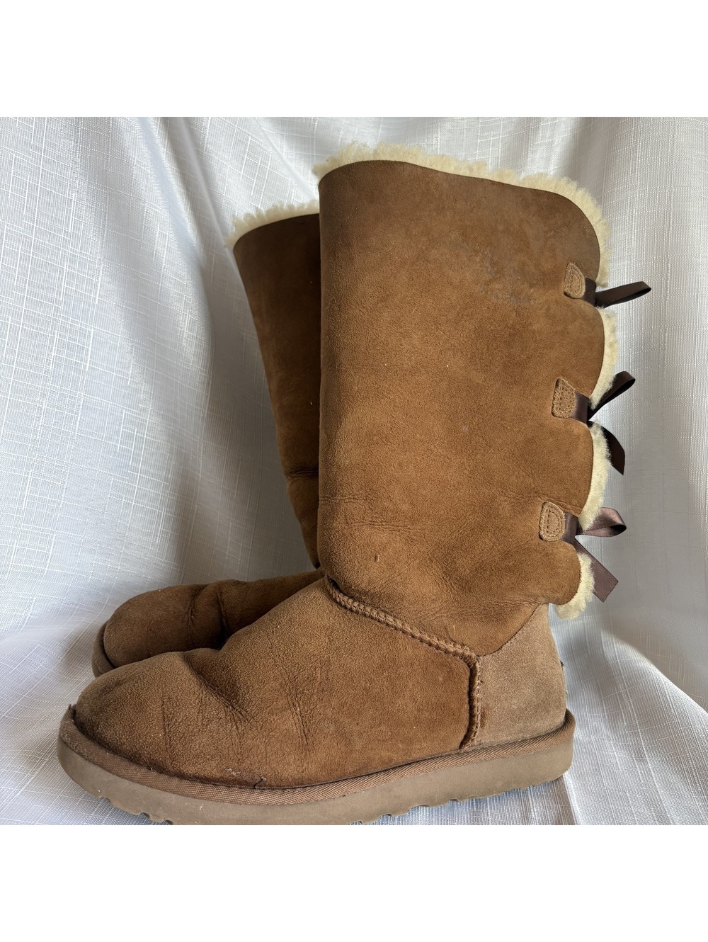 UGG Australia Bailey Bow Tall Chestnut Brown Suede Shearling Boots Womens Size 8